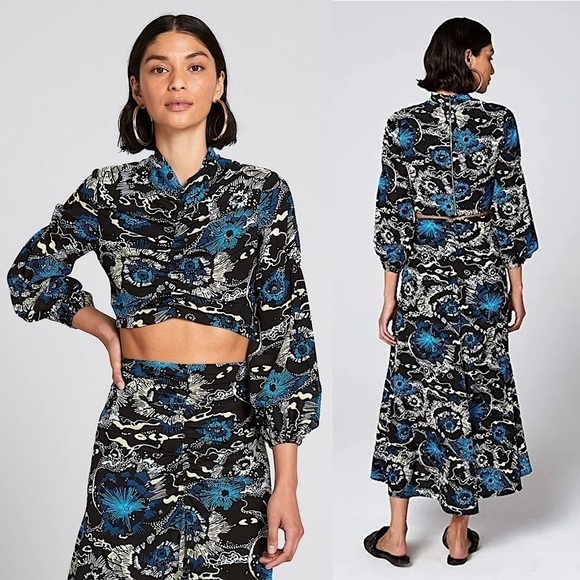 NWT ALC Silk Japanese Floral Puff Long Sleeve Ruched High Neck Zipper Crop Top 6 - Picture 1 of 6